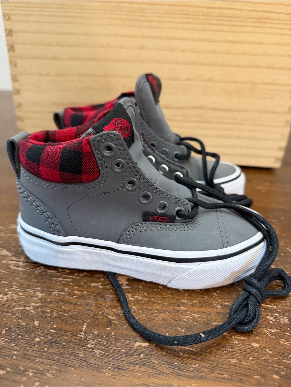 Vans Kids Gray High-Top Sneakers with Red Plaid Collar